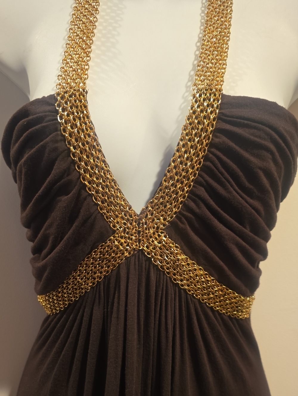 Sky Brown Maxi Dress with Gold Chain Halter